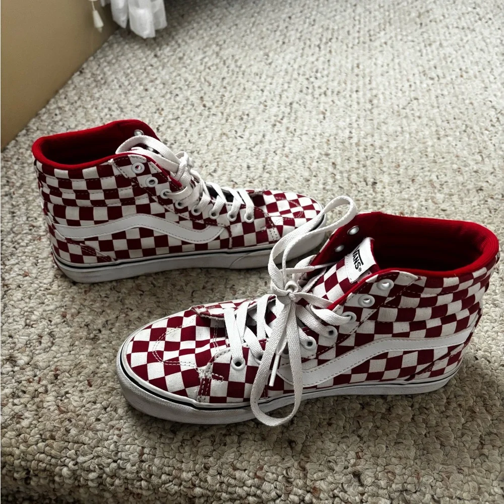 Vans Red and White Checkered High-Top Sneakers - Picture 1 of 7